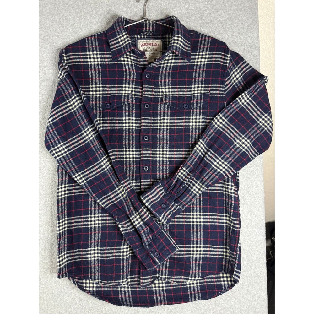 American Eagle Mens Small Navy Blue Red Plaid Flannel Button Down Shirt Cotton